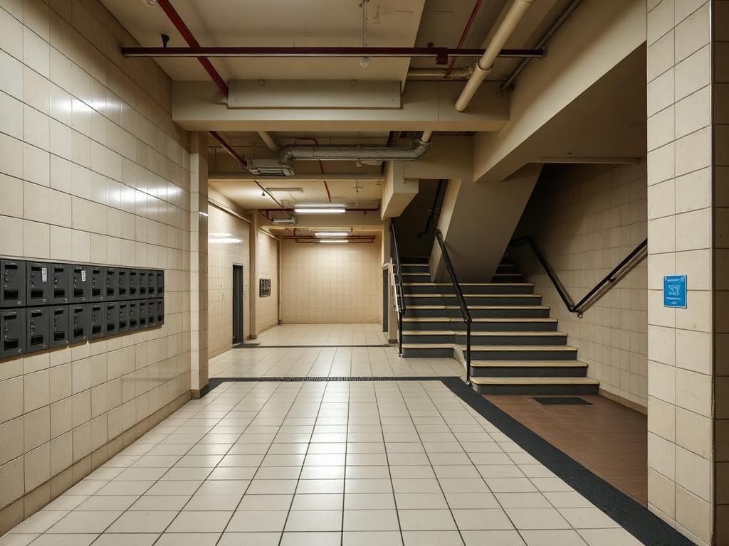 Apartment building lobby and stairwell with mailboxes